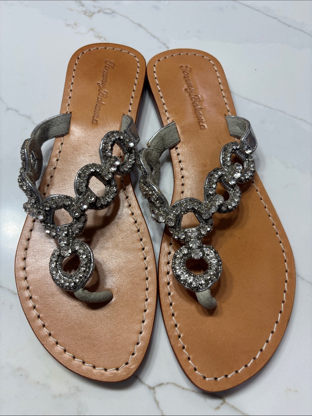 Tommy Bahama Silver Beaded T-Strap Sandals with Brown Footbed - Picture 3 of 12